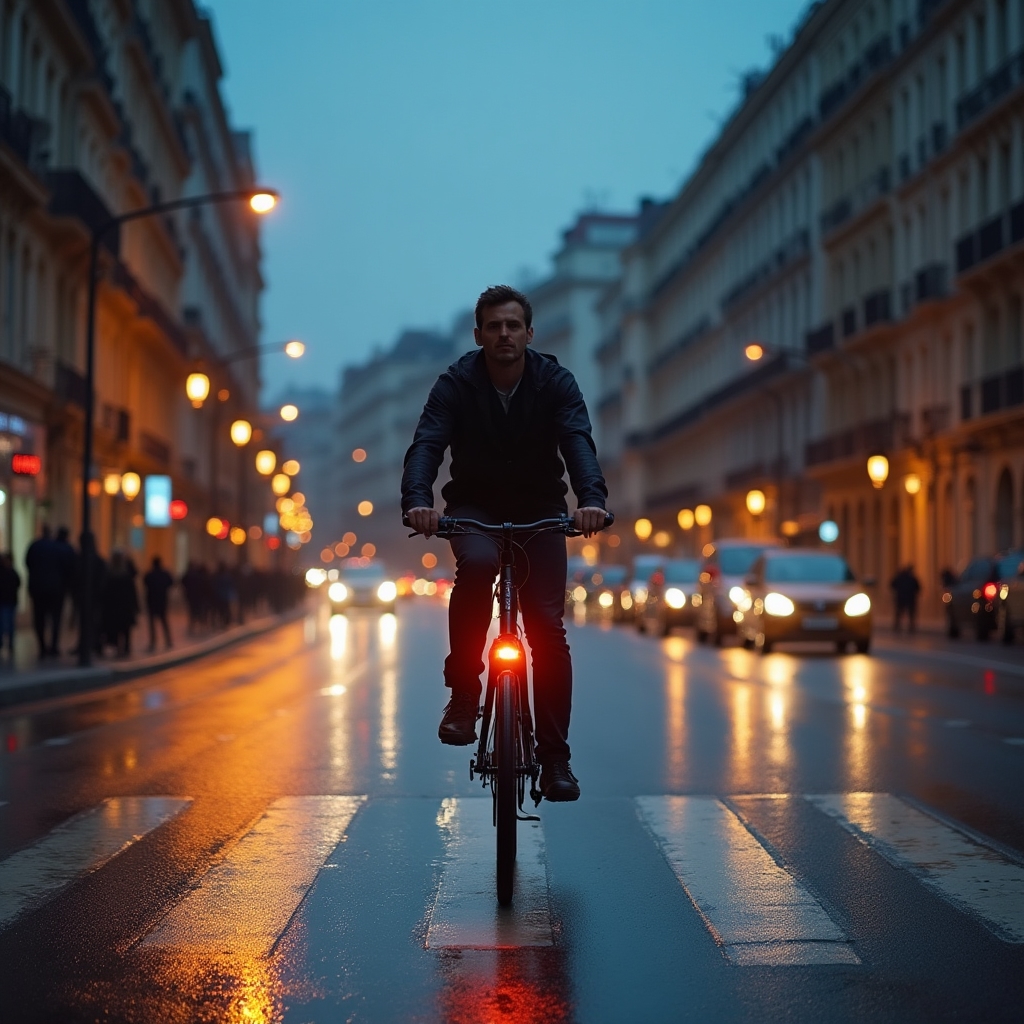Ciclist traversând o intersecție din București în lumina dimineții
