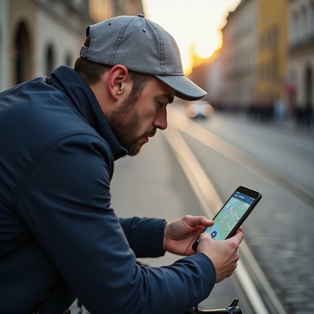 Ciclist studiind o hartă a orașului pe telefonul montat pe ghidon