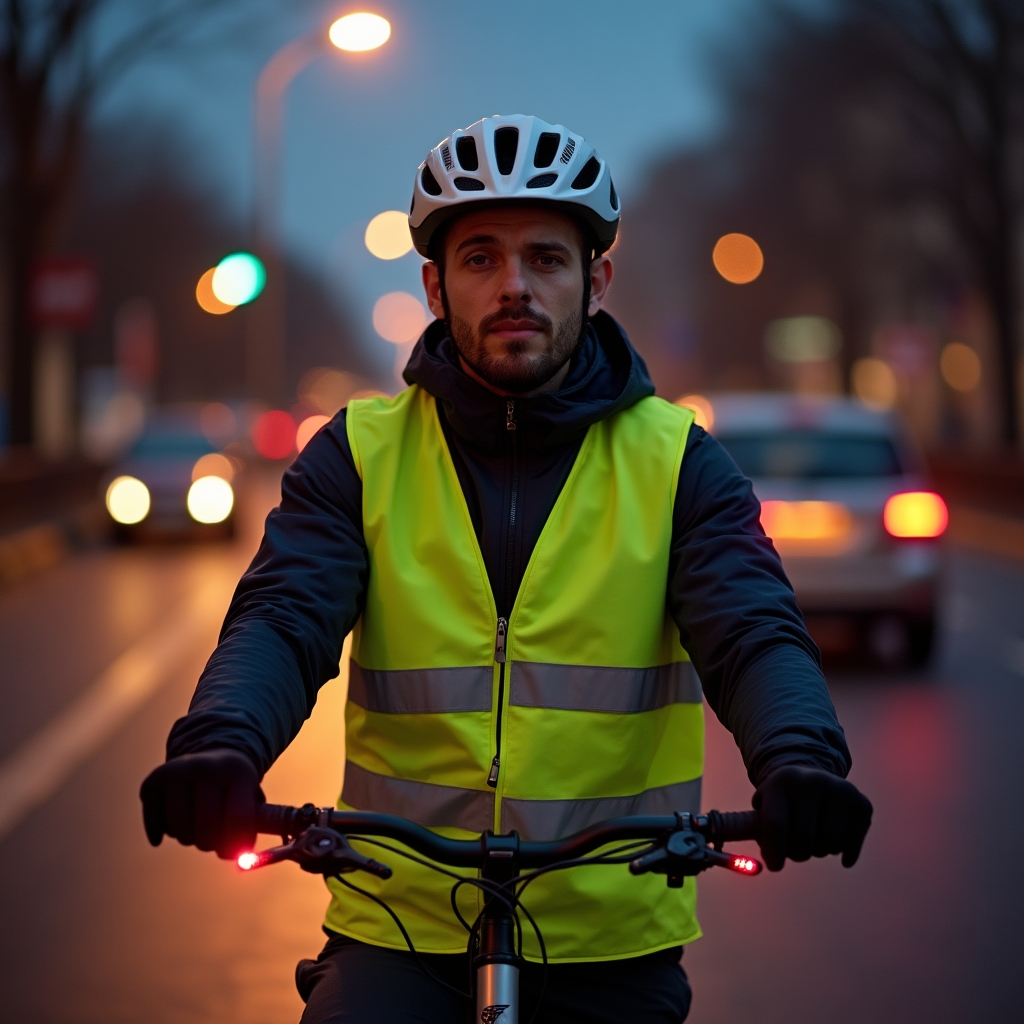 Ciclist cu echipament reflectorizant și lumini active în condiții de trafic urban
