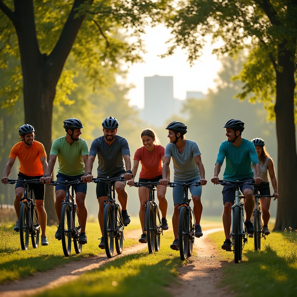 Grup de cicliști diverși în tura de weekend prin parcul urban