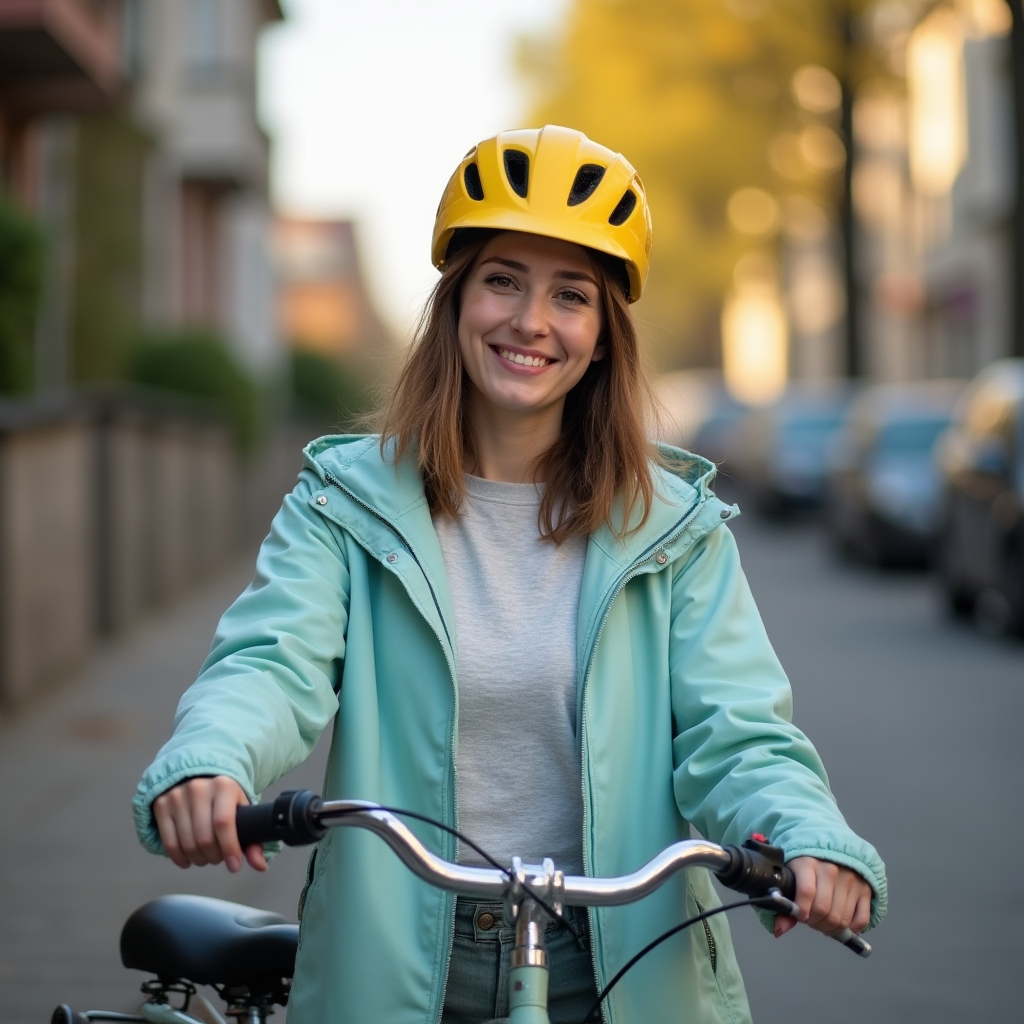 Persoană tânără cu bicicleta și echipament de protecție pregătită pentru primul drum urban