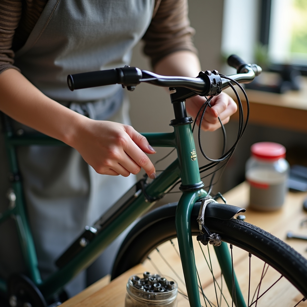 Mâini care ajustează frânele unei biciclete în atelier luminos
