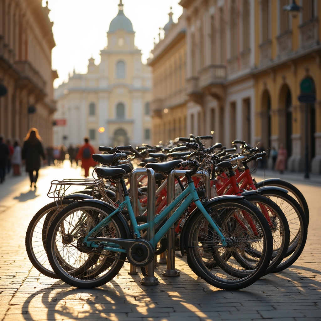 Biciclete parcate în centrul Timișoarei lângă clădiri istorice